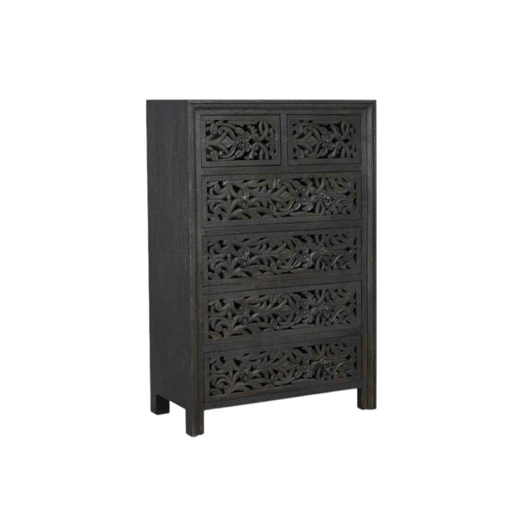 35" Black Carved Floral Solid Wood Six Drawer Dresser