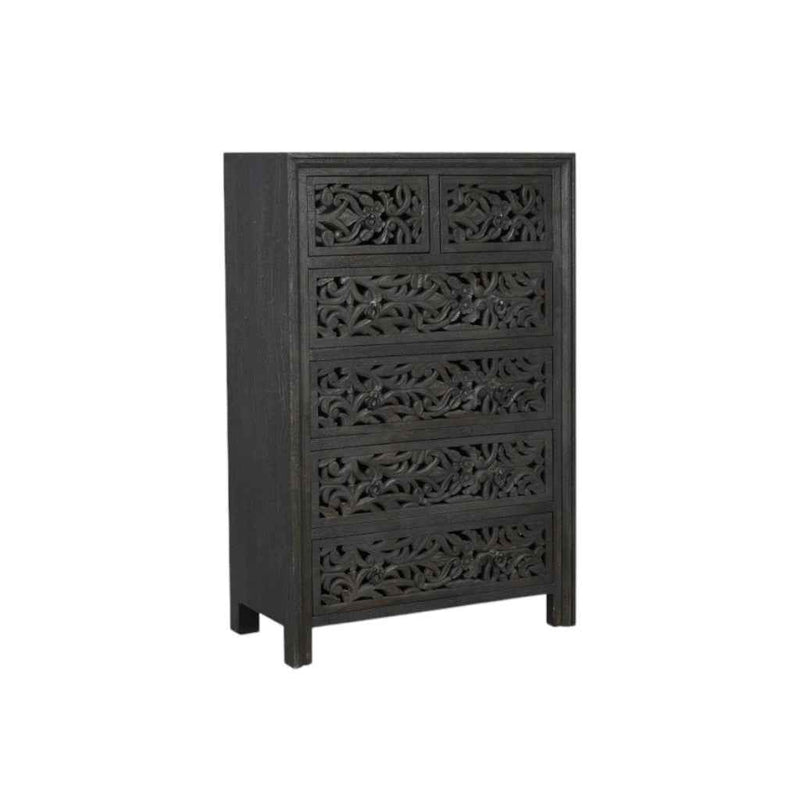 35" Black Carved Floral Solid Wood Six Drawer Dresser