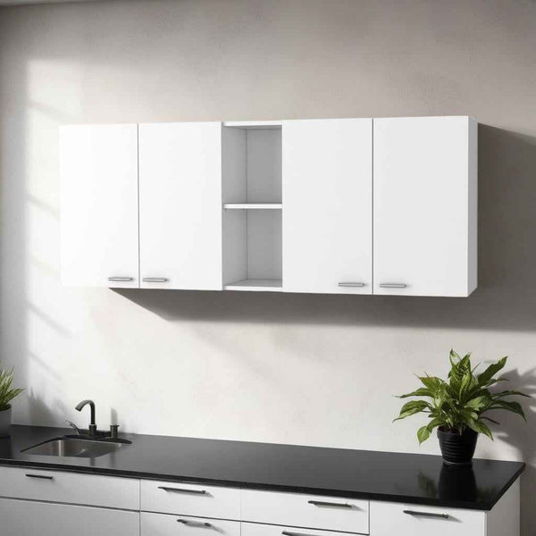 59" White Wood Wall Mounted Accent Cabinet With Four Doors Default Title