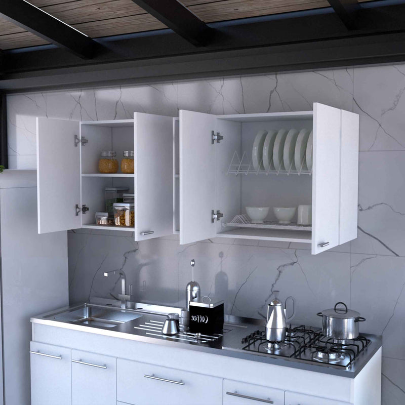 59" White Wood Wall Mounted Accent Cabinet With Four Doors