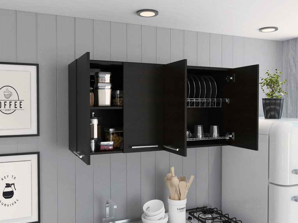 47" Black Wood Wall Mounted Accent Cabinet With Four Doors