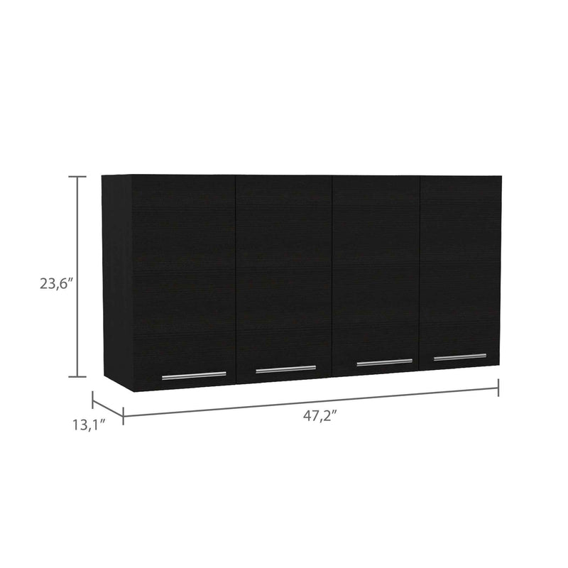 47" Black Wood Wall Mounted Accent Cabinet With Four Doors
