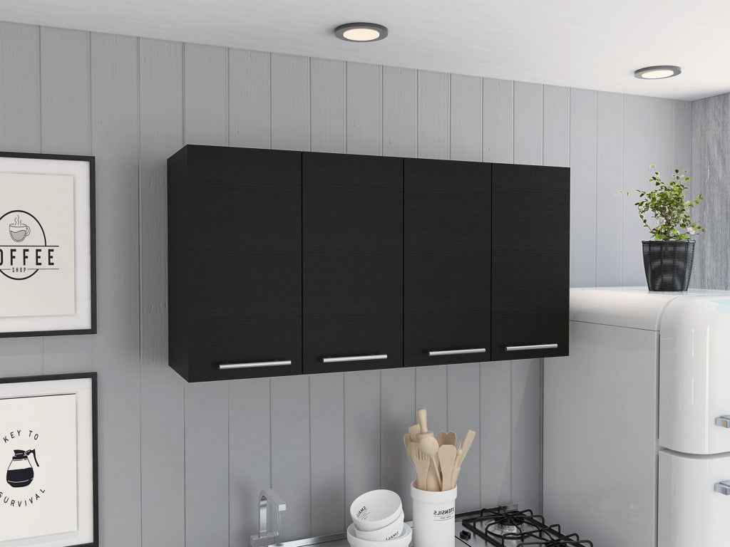 47" Black Wood Wall Mounted Accent Cabinet With Four Doors