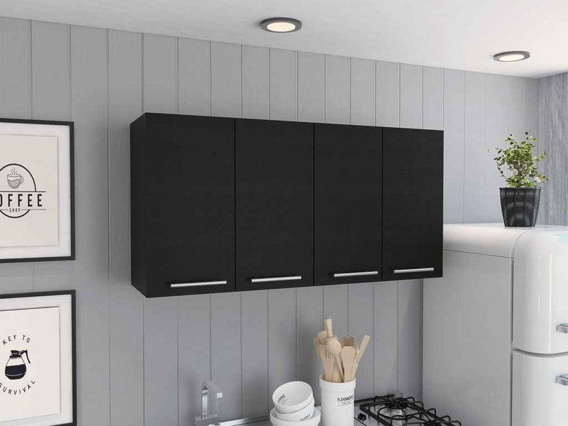 47" Black Wood Wall Mounted Accent Cabinet With Four Doors