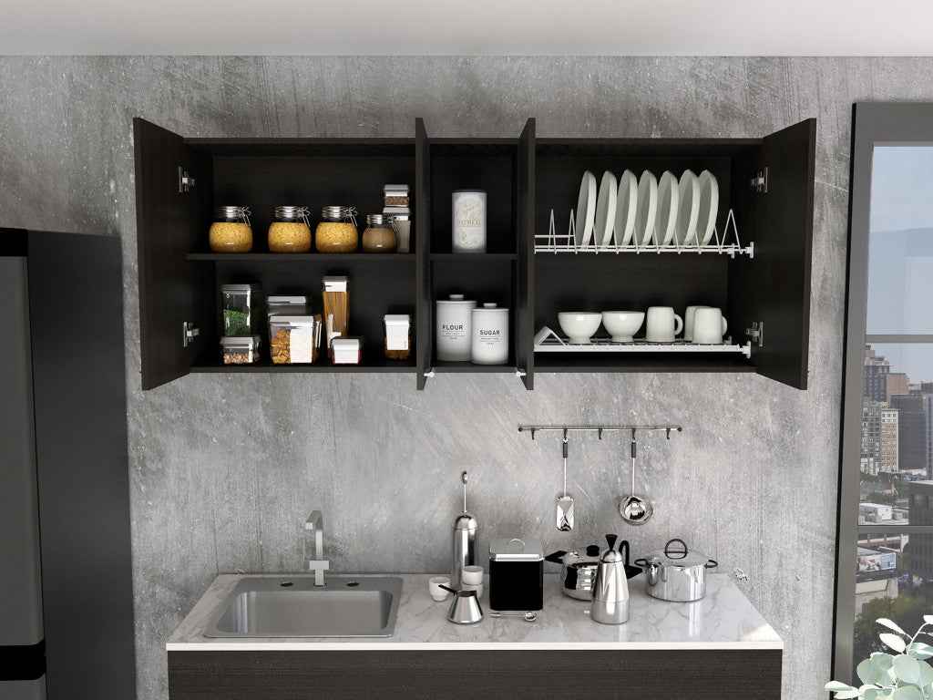 59" Black Wood Wall mounted Accent Cabinet With Five Shelves