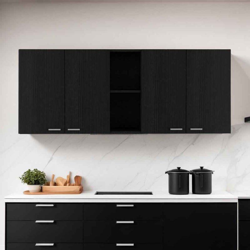 59" Black Wood Wall mounted Accent Cabinet With Five Shelves