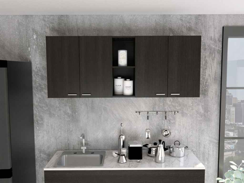 59" Black Wood Wall mounted Accent Cabinet With Five Shelves