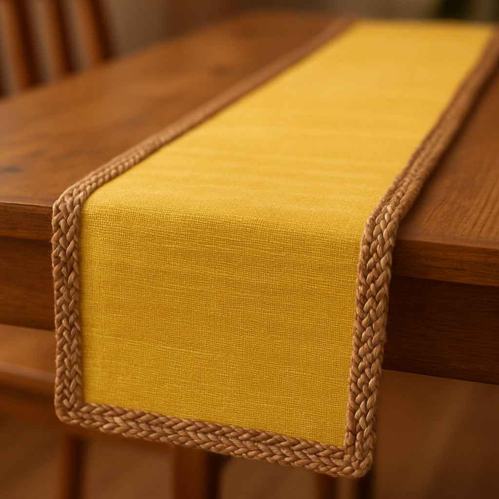 72" Yellow And Natural Cotton And Jute Table Runner