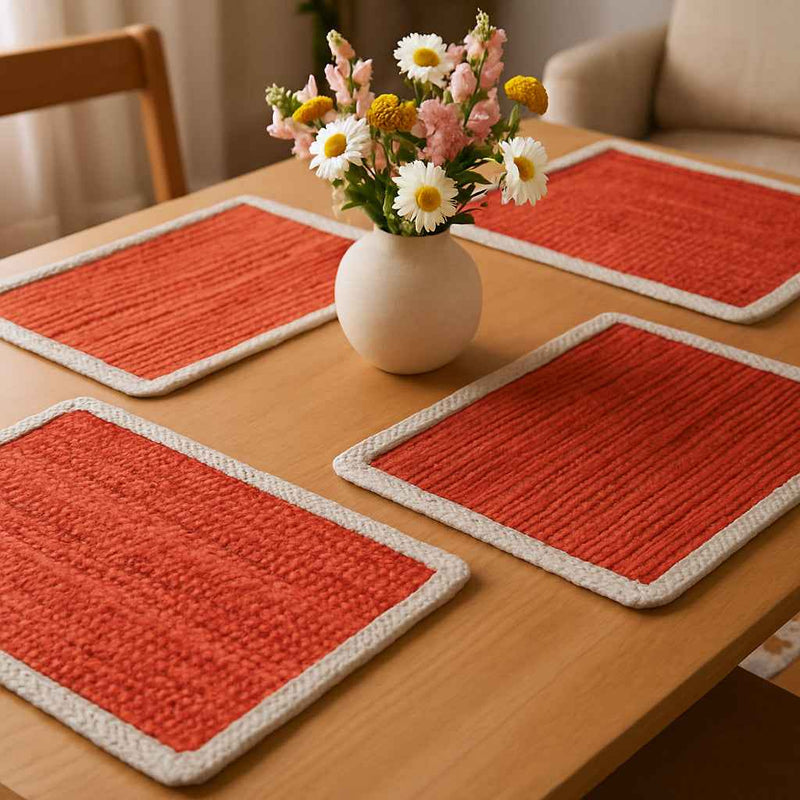19" Set of Four Orange And Natural Solid With Border Cotton Placemats