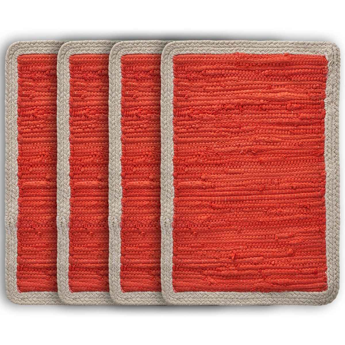 19" Set of Four Orange And Natural Solid With Border Cotton Placemats