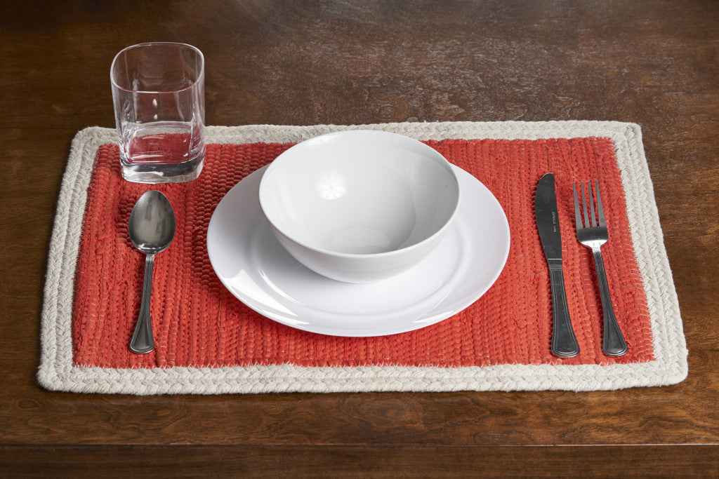 19" Set of Four Orange And Natural Solid With Border Cotton Placemats