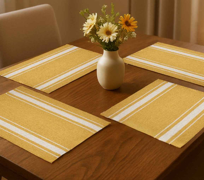 19" Set of Four Yellow And White Striped Cotton Placemats