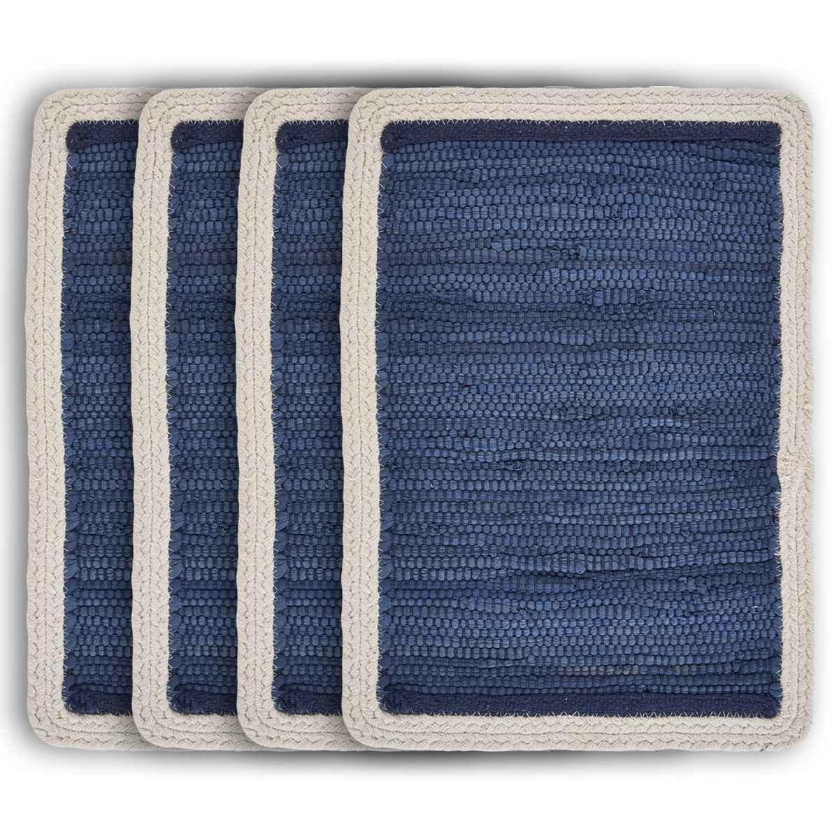 19" Set of Four Navy Blue And Natural Solid With Border Cotton Placemats