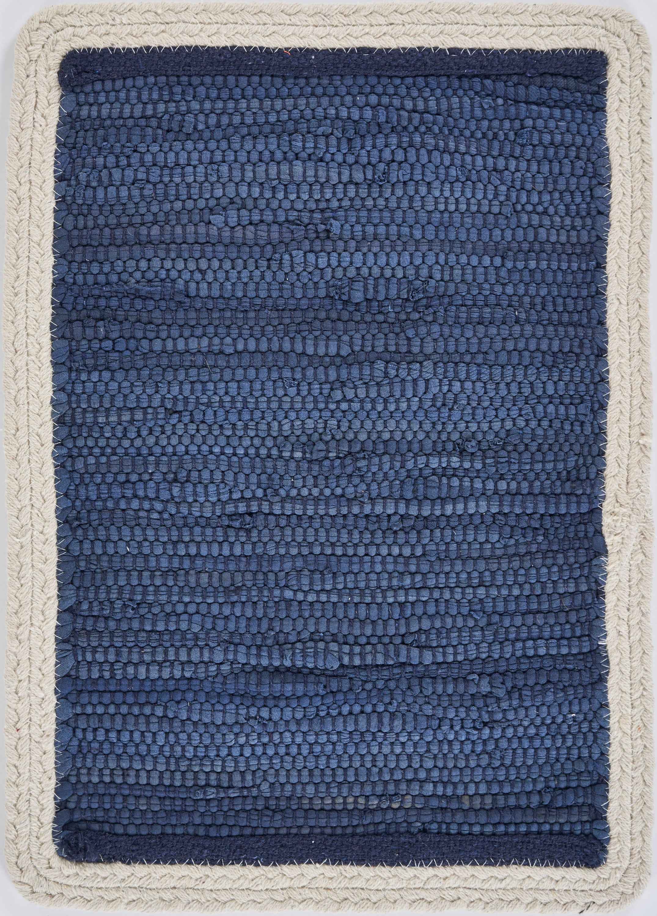 19" Set of Four Navy Blue And Natural Solid With Border Cotton Placemats