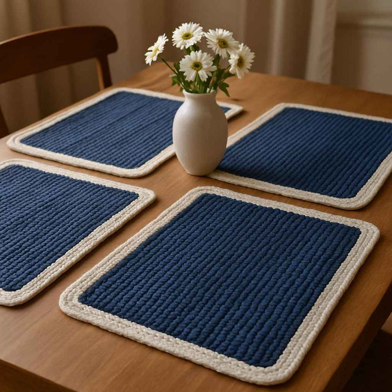 19" Set of Four Navy Blue And Natural Solid With Border Cotton Placemats