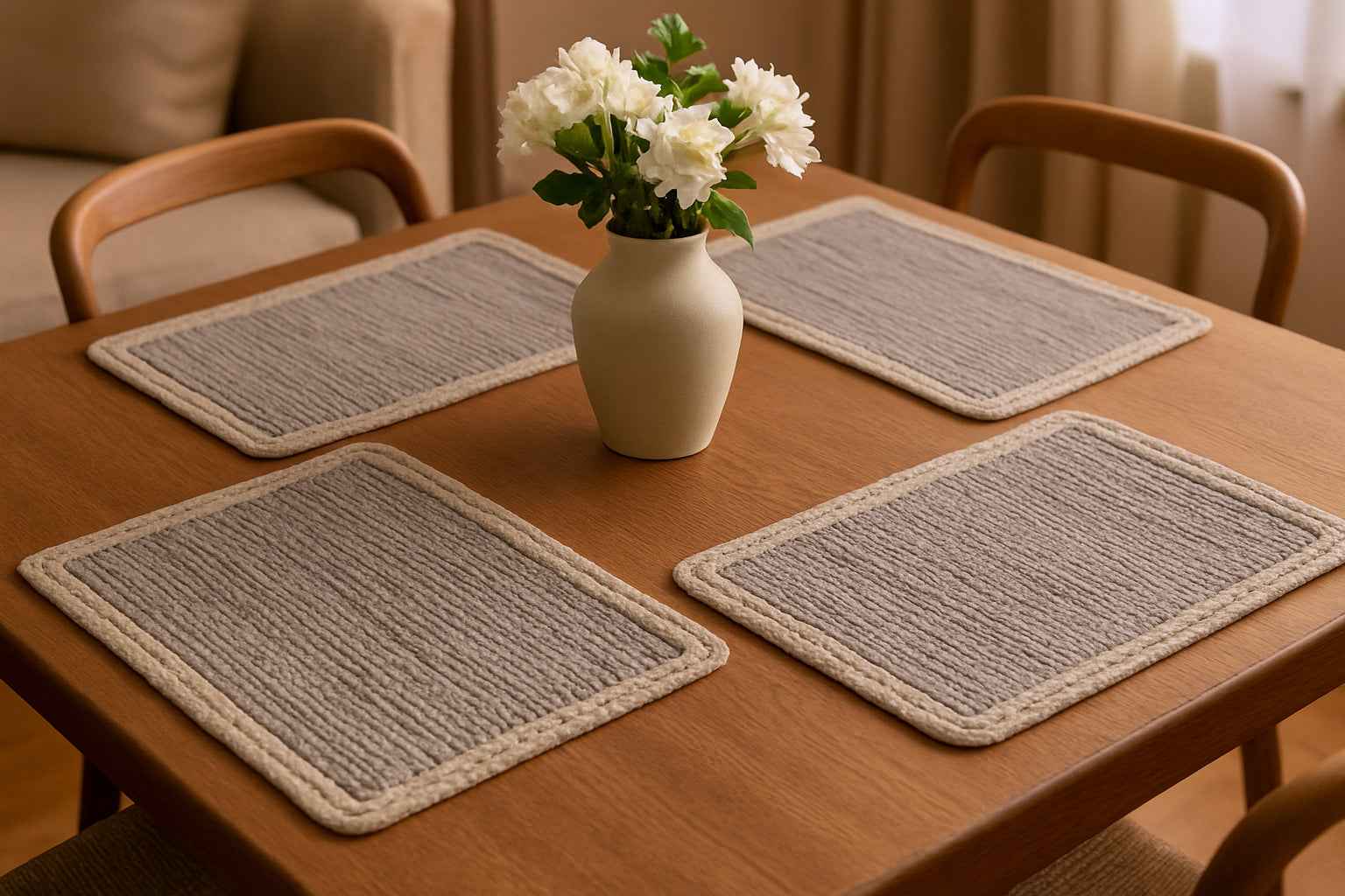 19" Set of Four Gray And Natural Cotton Placemats