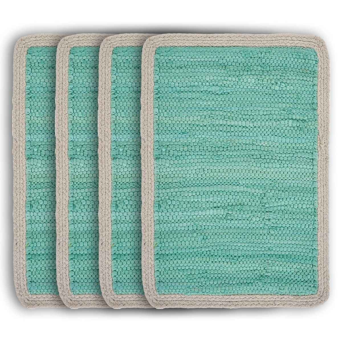 19" Set of Four Turquoise and Natural Solid With Border Cotton Placemats