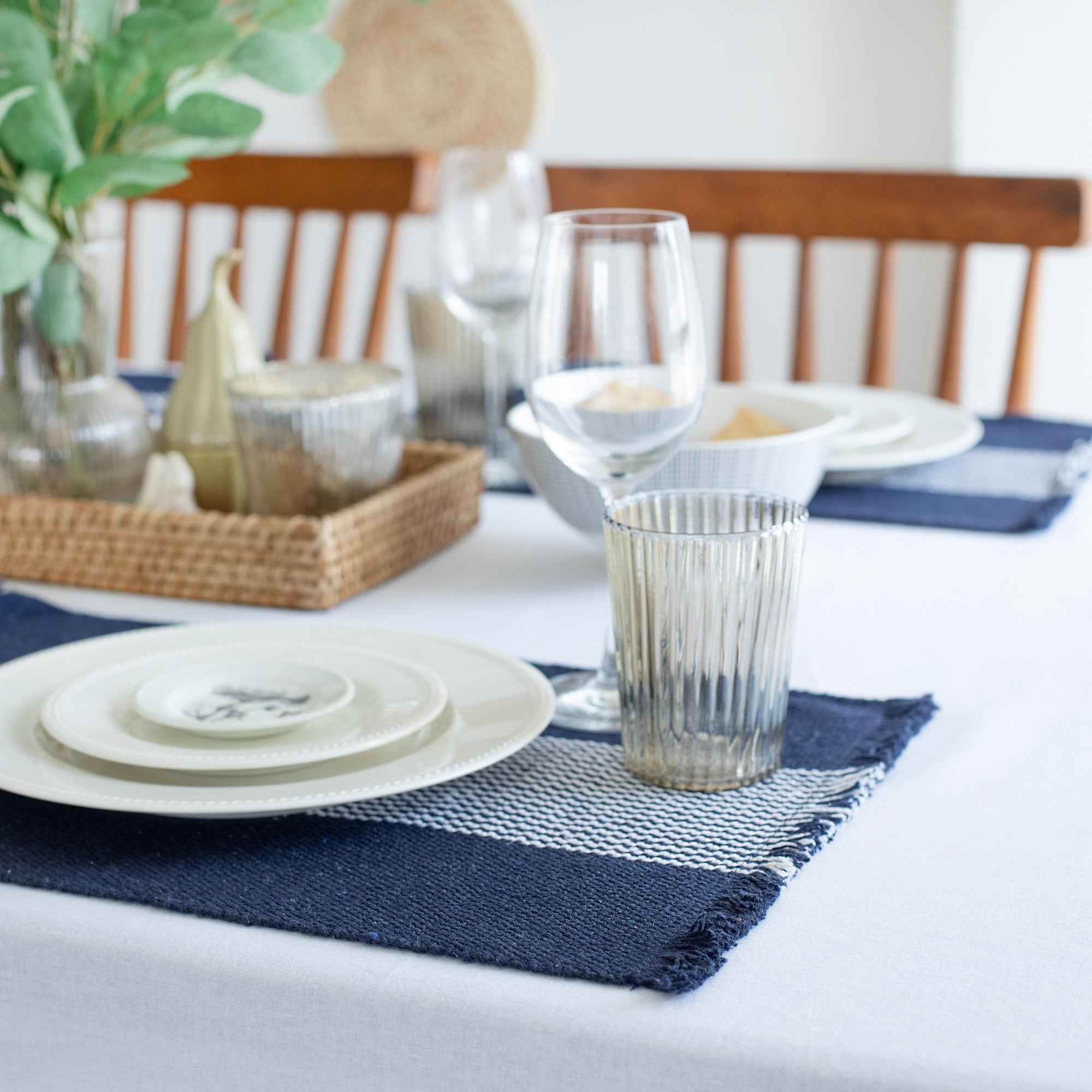 19" Set of Four Navy Blue And White Striped Cotton Placemats