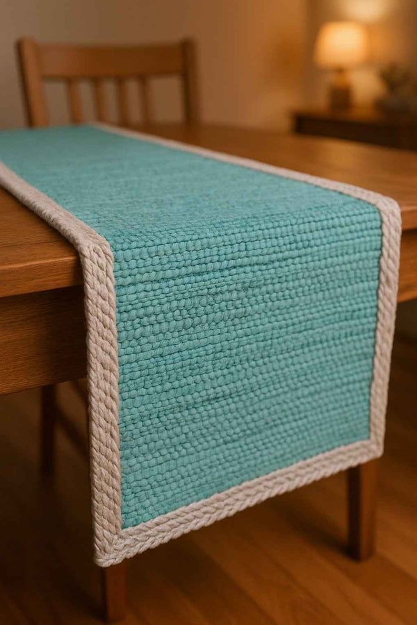 80" Turquoise And Natural Solid With Border Cotton Table Runner