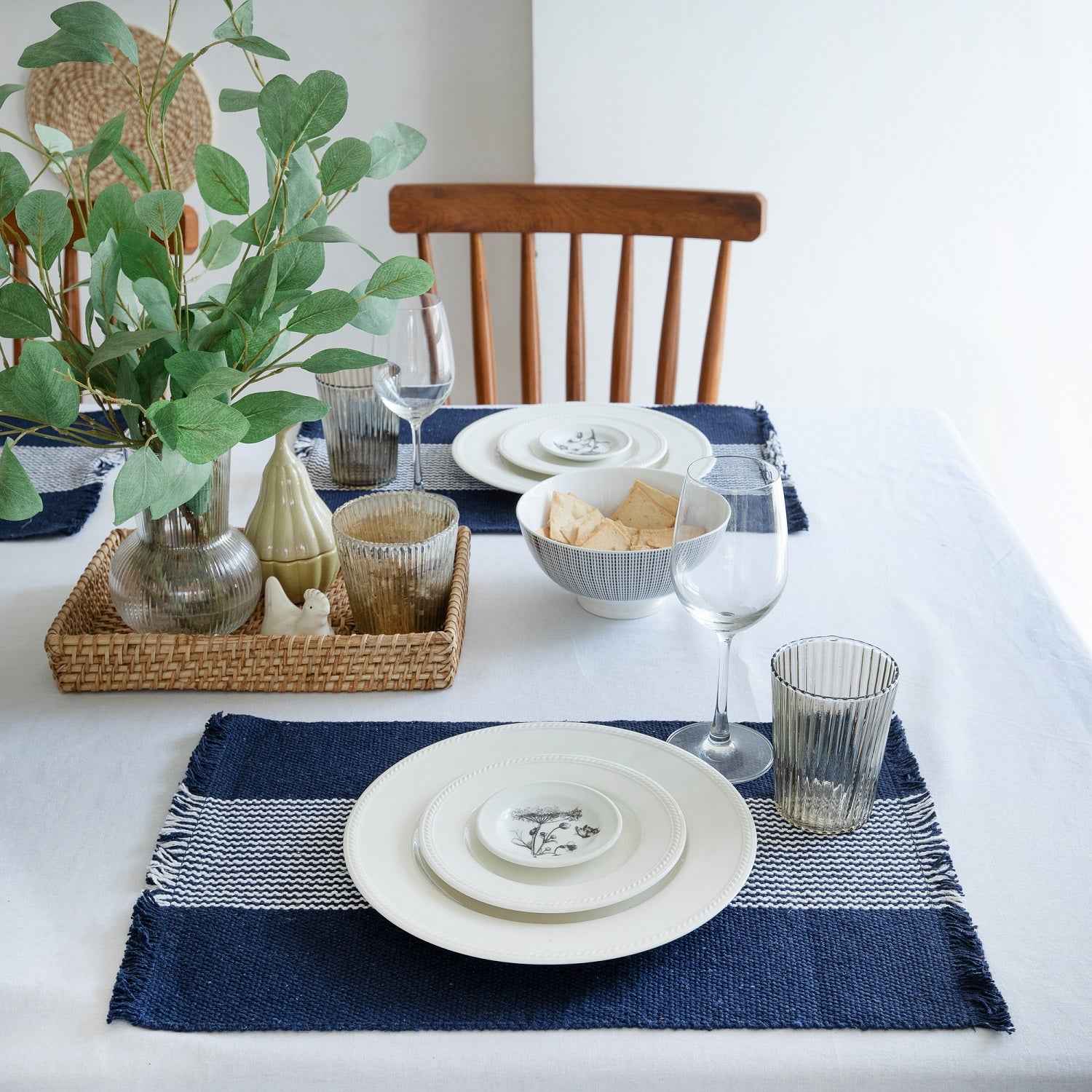 19" Set of Four Navy Blue And White Striped Cotton Placemats