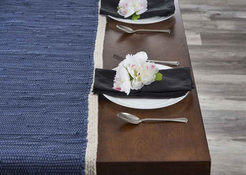 80" Navy Blue And Natural Solid With Border Cotton Table Runner