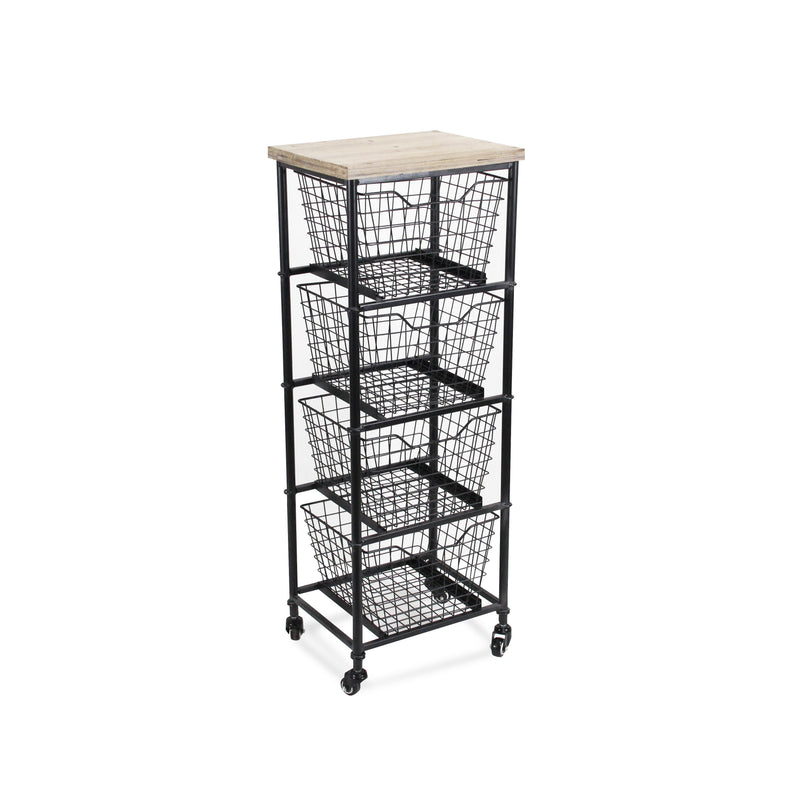 41" Black And Natural Metal And Wood Basket Storage Rolling Cabinet - Kitchen & Dining