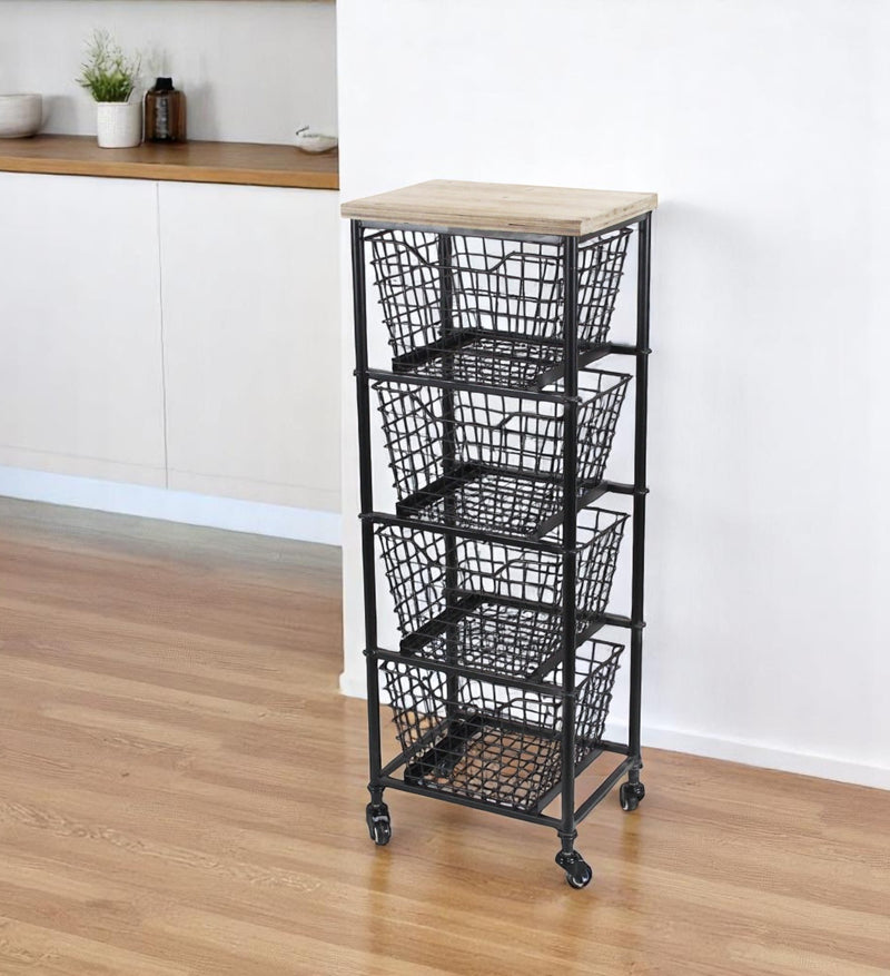 41" Black And Natural Metal And Wood Basket Storage Rolling Cabinet - Kitchen & Dining