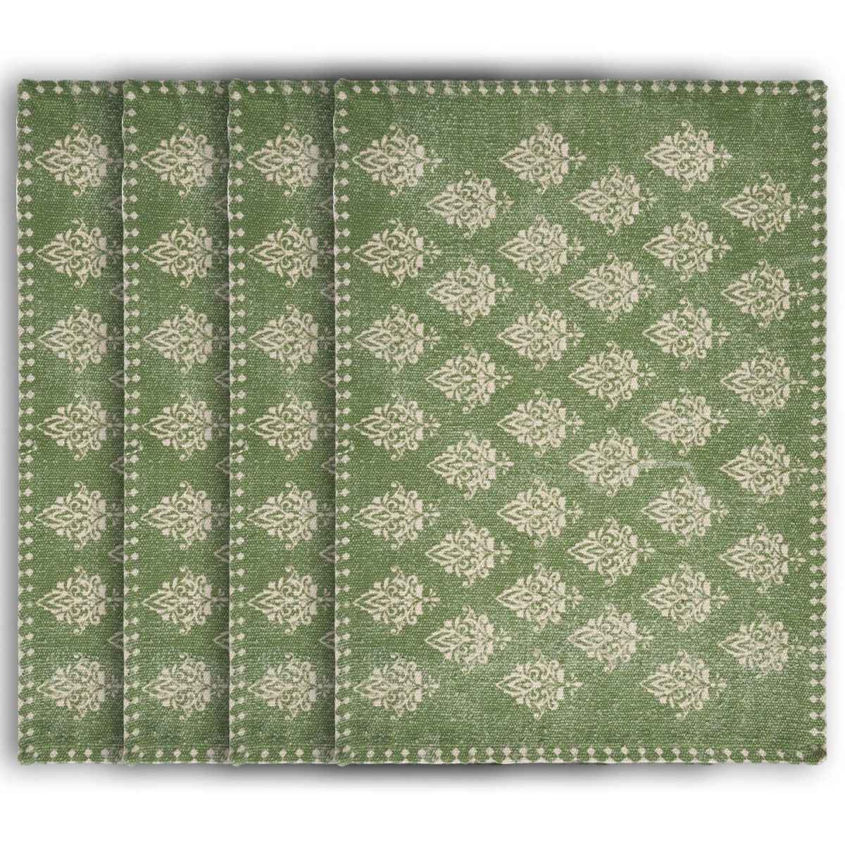 19" Set of Four Green And Cream Geometric Medallion Cotton Placemats