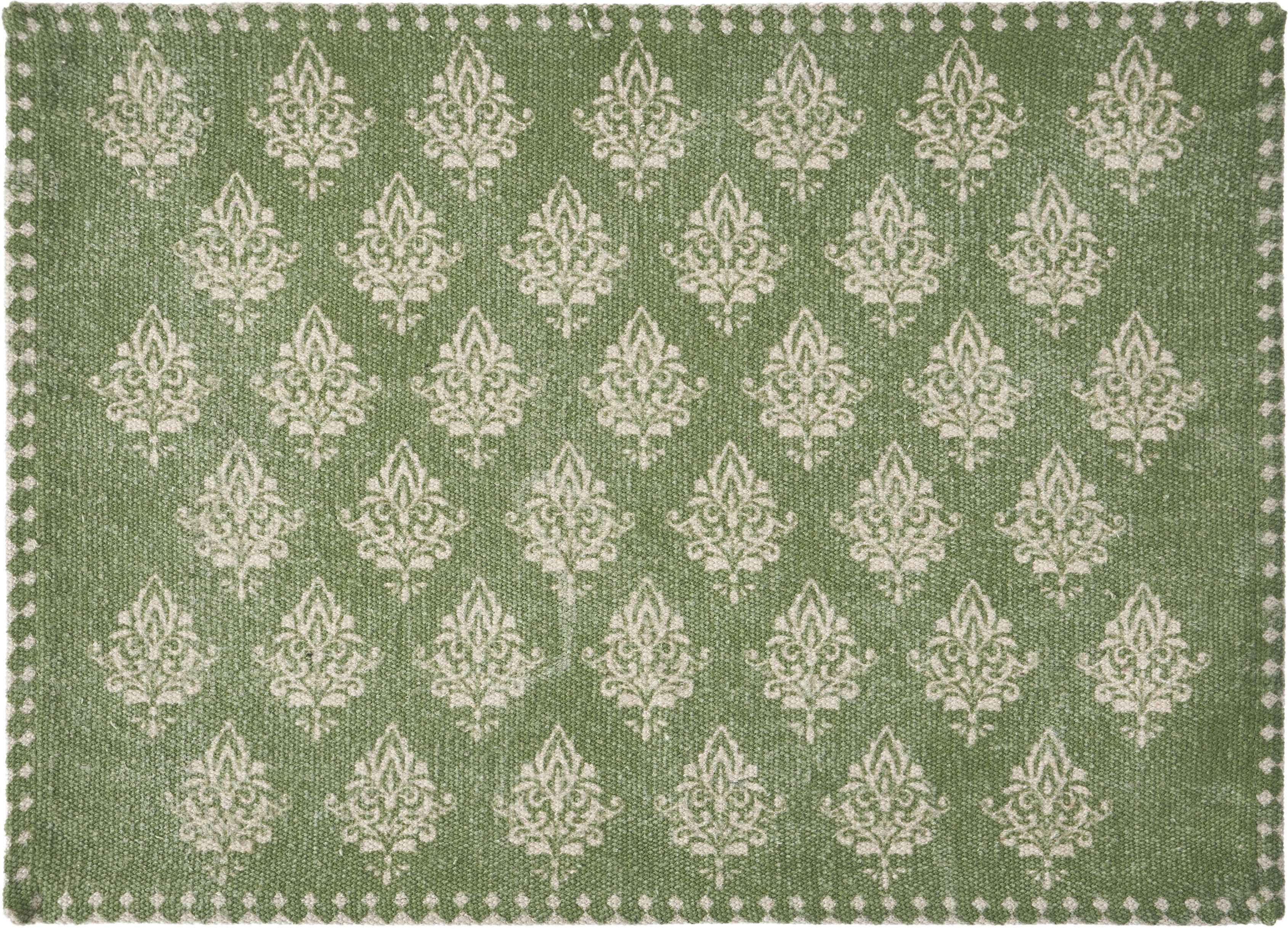 19" Set of Four Green And Cream Geometric Medallion Cotton Placemats