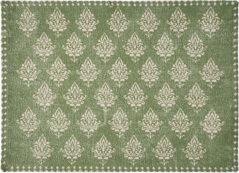 19" Set of Four Green And Cream Geometric Medallion Cotton Placemats