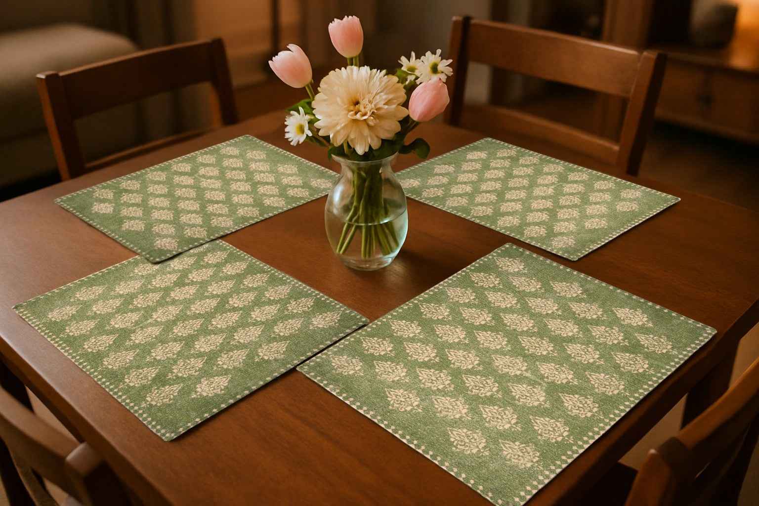 19" Set of Four Green And Cream Geometric Medallion Cotton Placemats