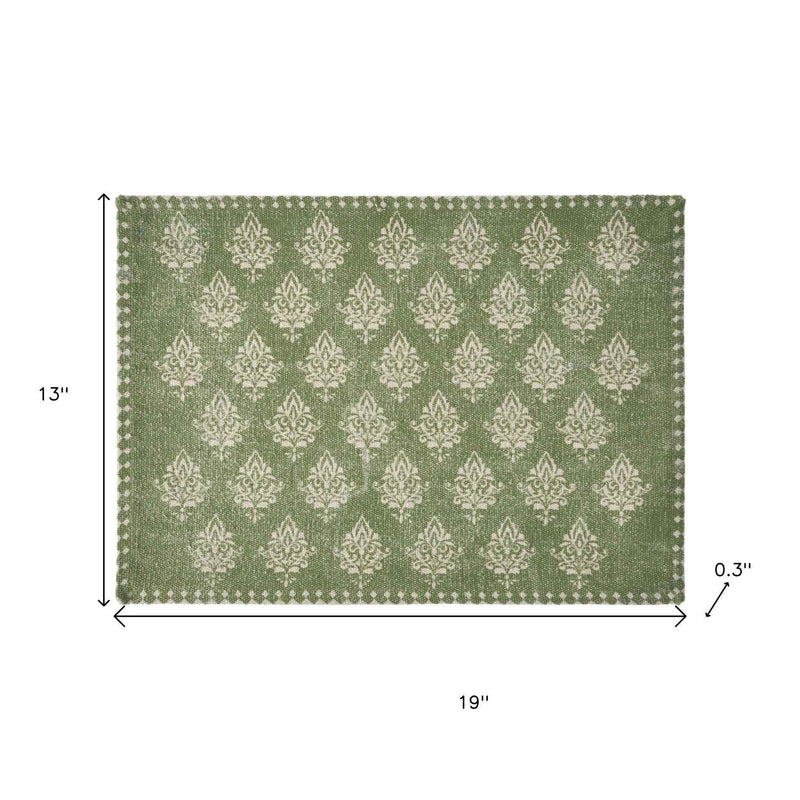 19" Set of Four Green And Cream Geometric Medallion Cotton Placemats