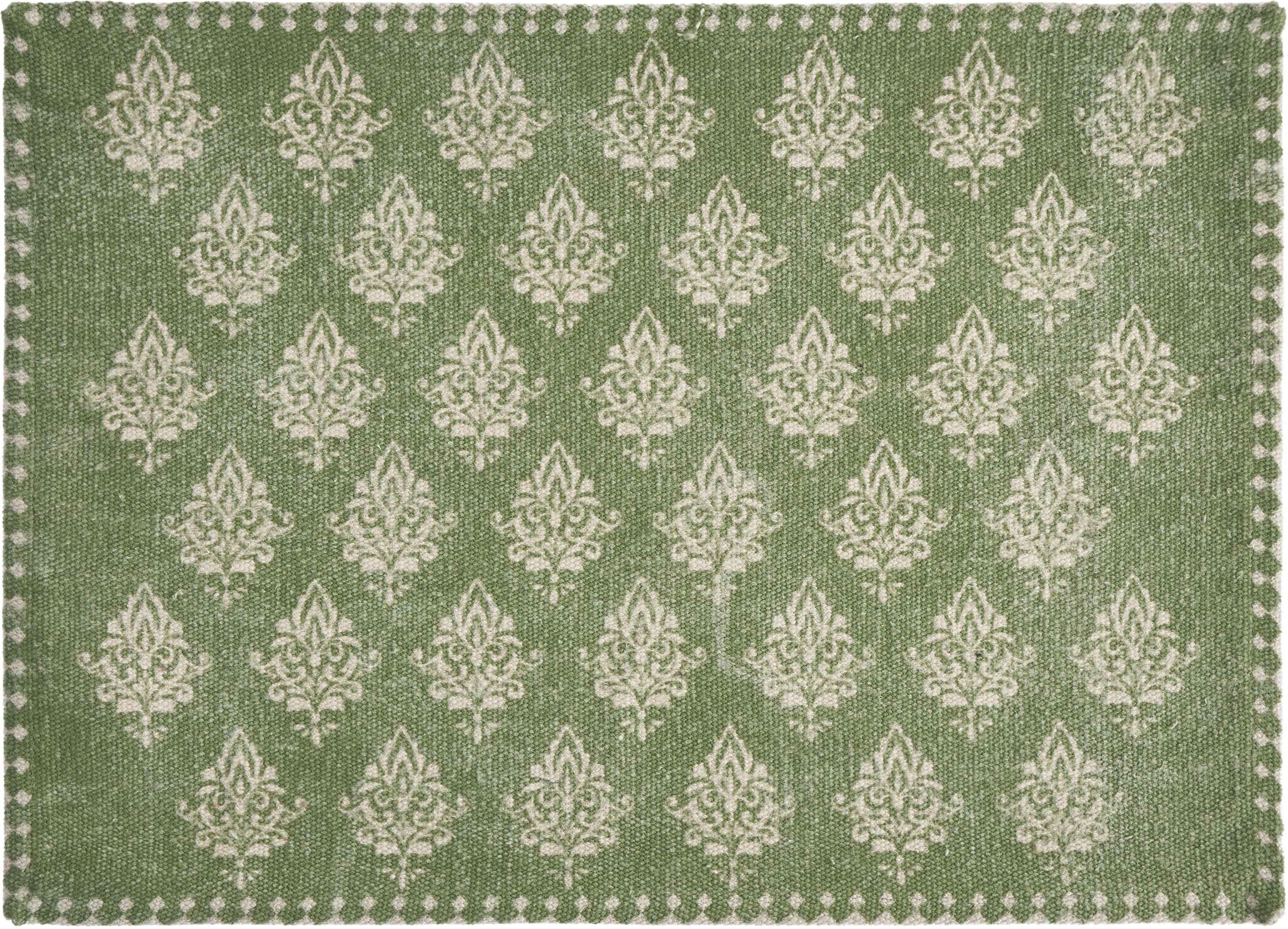 19" Set of Four Green And Cream Geometric Medallion Cotton Placemats