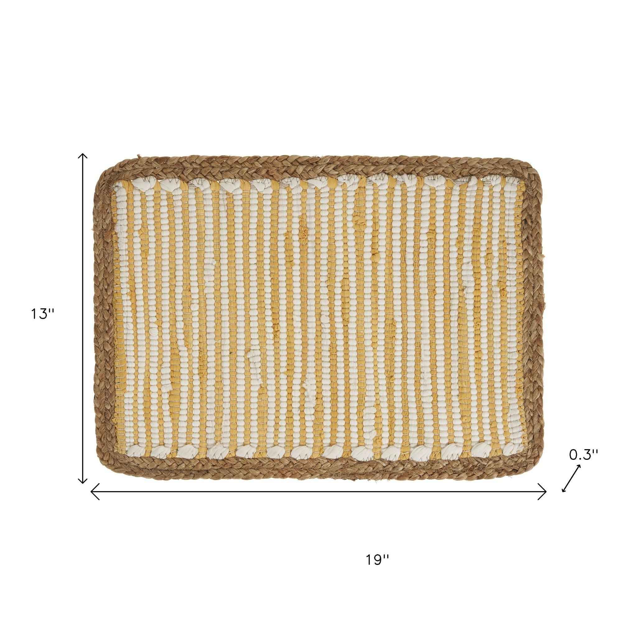 19" Set of Four Cream Yellow And Natural Striped Cotton And Jute Placemats