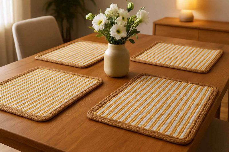 19" Set of Four Cream Yellow And Natural Striped Cotton And Jute Placemats