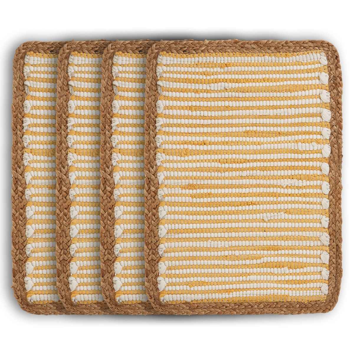 19" Set of Four Cream Yellow And Natural Striped Cotton And Jute Placemats