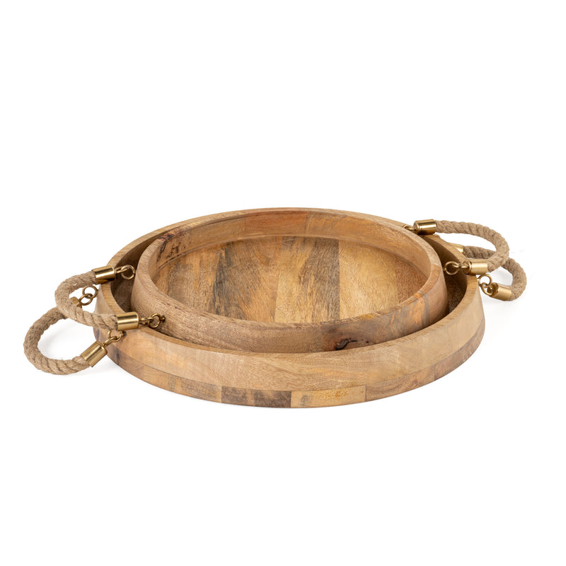 Set of Two Brown Round Solid Wood Serving Trays With Handles - Kitchen & Dining