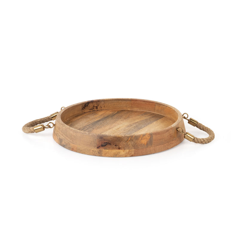 Set of Two Brown Round Solid Wood Serving Trays With Handles - Kitchen & Dining