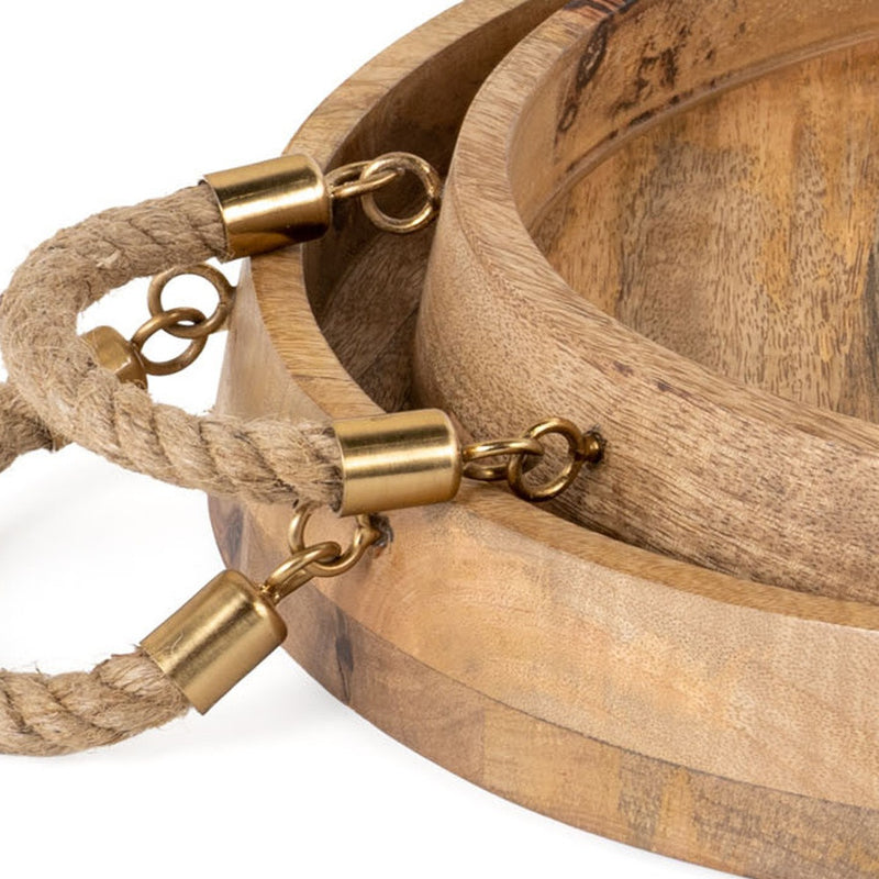 Set of Two Brown Round Solid Wood Serving Trays With Handles - Kitchen & Dining