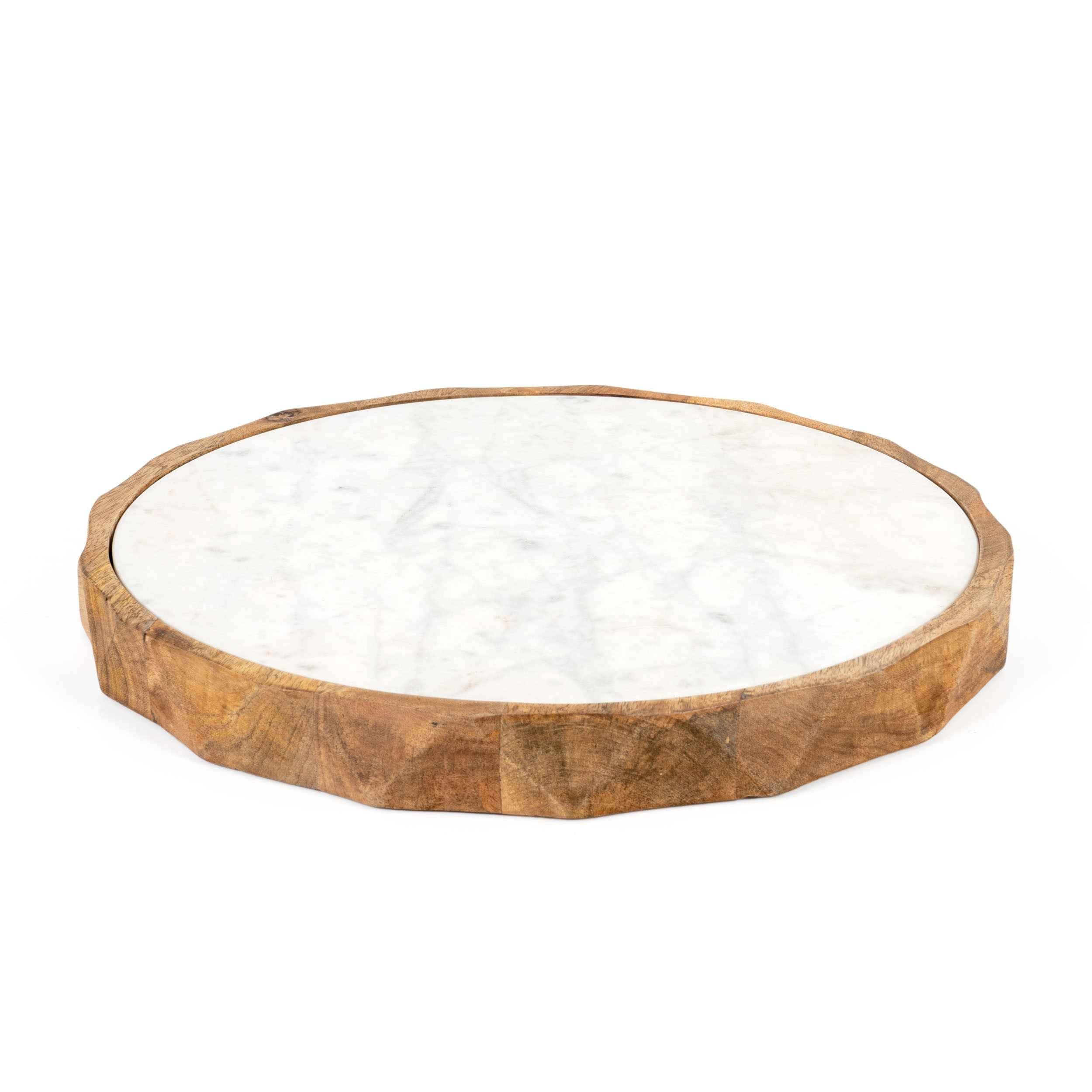 15" Brown And White Marble And Solid Wood Round Cheese Board
