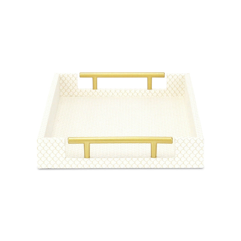 16" Ivory And Gold Geometric Print Handmade Serving Tray With Handles - Kitchen & Dining