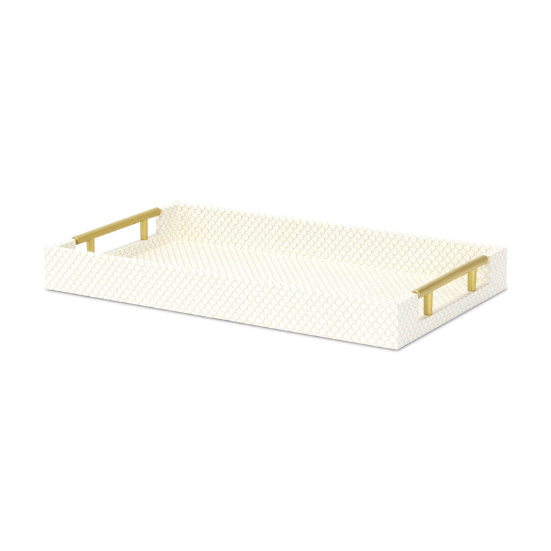 16" Ivory And Gold Geometric Print Handmade Serving Tray With Handles - Kitchen & Dining