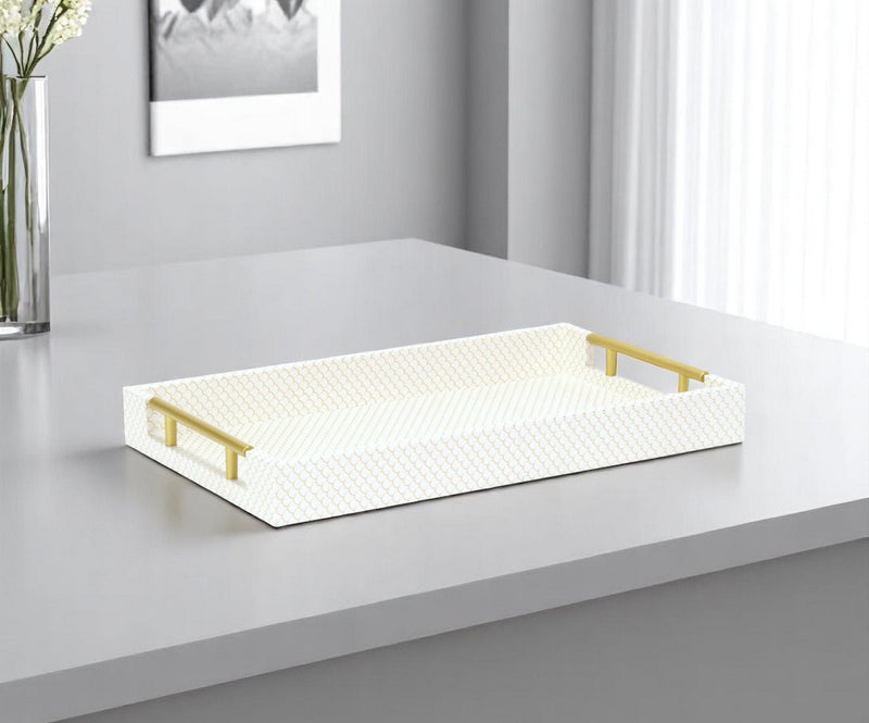 16" Ivory And Gold Geometric Print Handmade Serving Tray With Handles - Kitchen & Dining