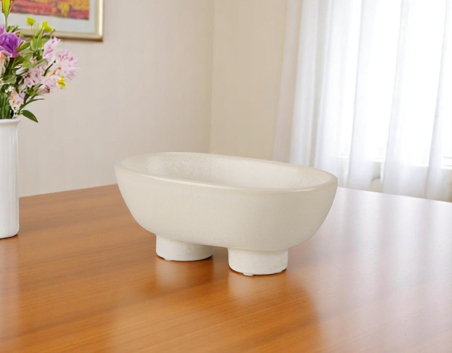 8" Cream Ceramic Oval Pedestal Centerpiece Bowl - Kitchen & Dining