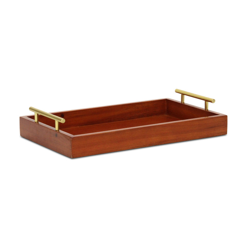 16" Brown And Gold Solid Wood Handmade Serving Tray With Handles - Kitchen & Dining