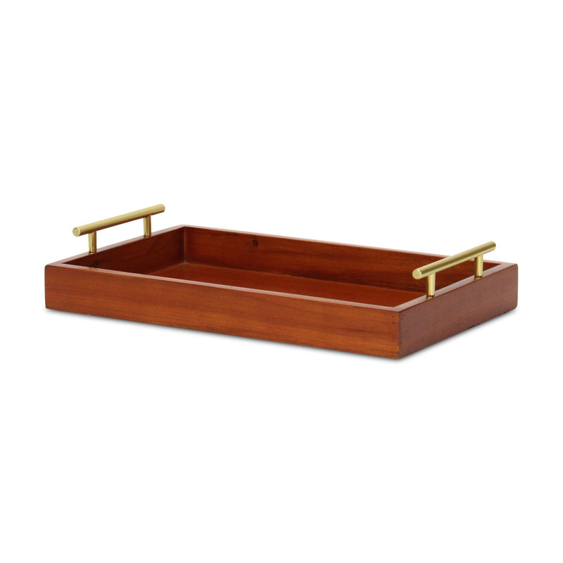 16" Brown And Gold Solid Wood Handmade Serving Tray With Handles - Kitchen & Dining