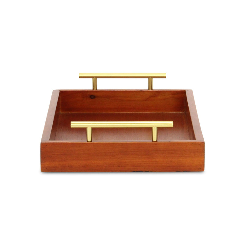 16" Brown And Gold Solid Wood Handmade Serving Tray With Handles - Kitchen & Dining