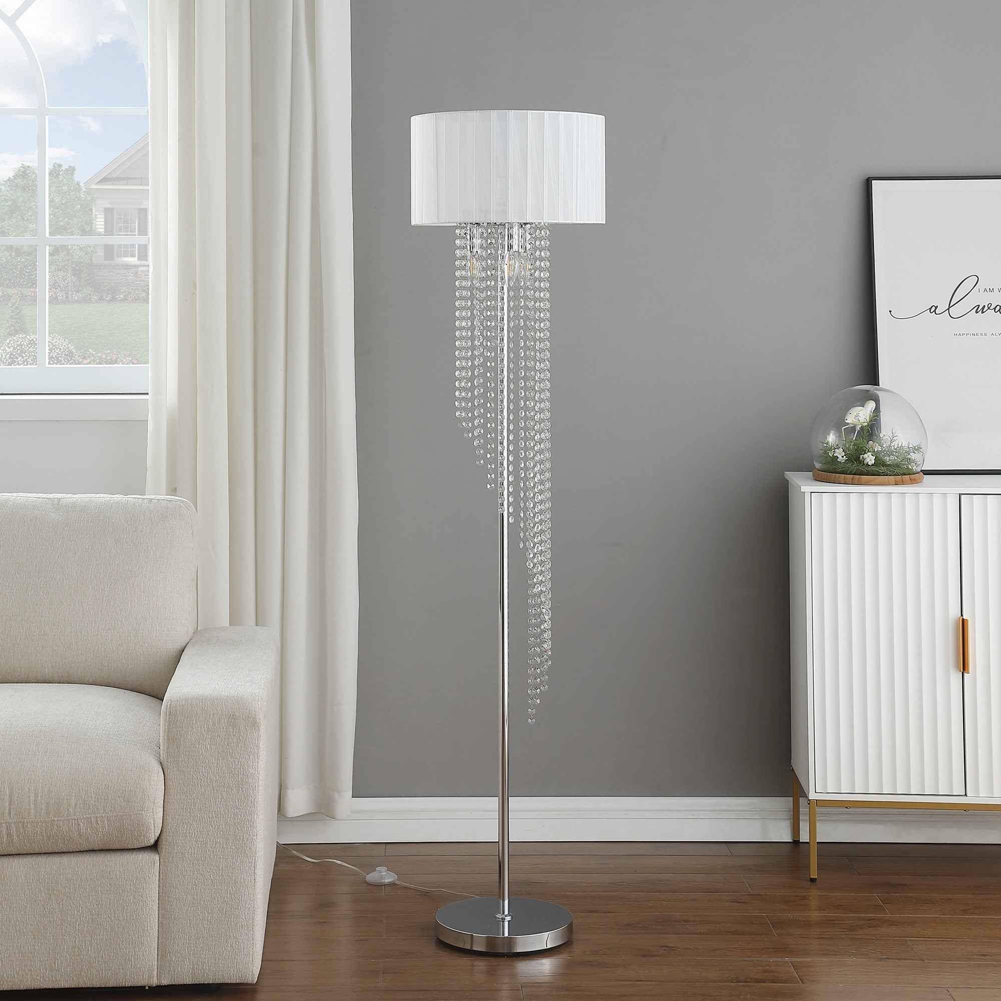 66" Clear And Silver Crystal And Metal Floor Lamp With White Linen Drum Shade