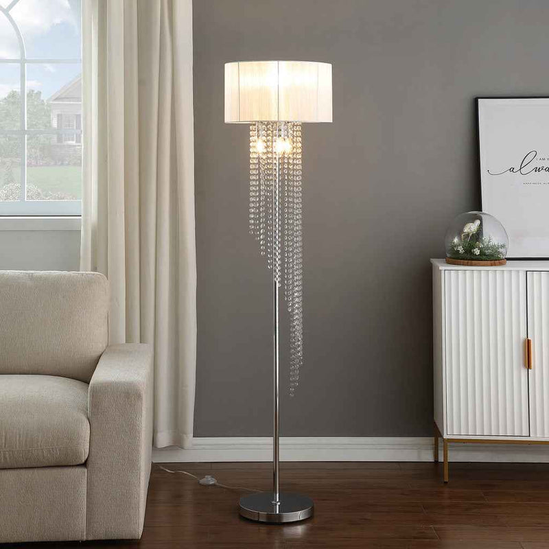 66" Clear And Silver Crystal And Metal Floor Lamp With White Linen Drum Shade
