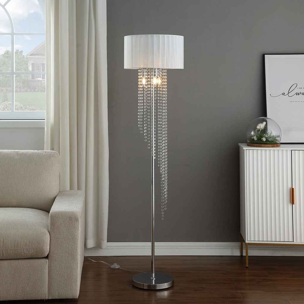 66" Clear And Silver Crystal And Metal Floor Lamp With White Linen Drum Shade